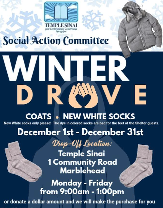 Social Action Committee winter coat drive. Drop off at Temple Sinai for the whole month of December 2025